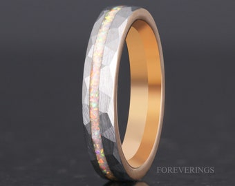 Crushed White Fire Opal Ring, 4mm Tungsten Wedding Band, Two-Tone Silver-Rose Gold Ring, Brushed, Hammered, Comfort Fit, Unique Ring