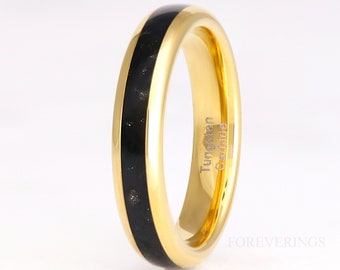 Black Onyx Gold Tungsten Ring, 4mm Mens Womens Wedding Band, Crushed Black Onyx Ring, Dome, Polish, Unique Gold Band, Ring Engraving