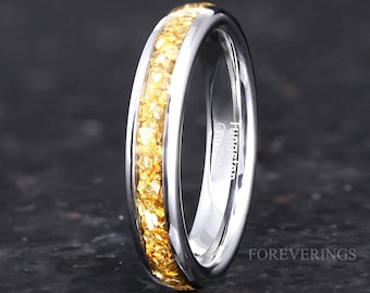 4mm Tungsten Wedding Band, Crushed Citrine Glass Stones, Silver Tungsten Ring, Citrine Ring, Women Men Ring, Dome, Polished, Comfort Fit