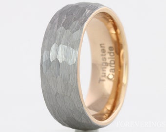 Bande de mariage en tungstène en or rose martelé pour hommes, bague brossée de 8 mm, bague bicolore en or rose argenté, bague de fiançailles pour hommes, gravure d’anneau