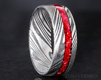 Red Damascus Ring, Mens Wedding Band, Stainless Steel Ring, Garnet Ring Men, Glass Stone, Offset, Man Promise Ring, Unique Ring, Engraving