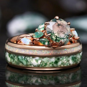 Nesta Rose Gold Moss Agate Ring Set - Unique Rose Gold Engagement & Wedding Rings, His and Her Nature-Inspired Promise Rings for Couples