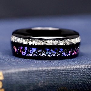 Orion Nebula Ring, Space Men Wedding Ring, Promise Ring, Black Nebula Anniversary Gift, Dome, Polish Smooth, Crushed Diamond, Black Tungsten