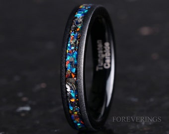 Meteorite Wedding Band, Gibeon Meteorite Ring with Fire Opal, 4mm Black Tungsten