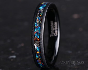 Meteorite and Galaxy Opal Wedding Band, 4mm Black Tungsten Ring, Smooth, Sandblast, Flat, Comfort Fit, Unique Ring, Women Men Ring