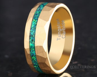 Mens Emerald Ring, Gold Wedding Band, Hammered Gold Tungsten Band, 8mm 6mm 4mm Emerald Coast Ring, Green Fire Opal, Brush Flat, Ring Engrave