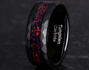 Black Opal Ring, Hammered Tungsten Wedding Band, Crushed Fire Opal Inlay, Engrave