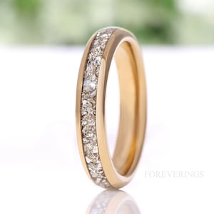 4mm Tungsten Wedding Band, Crushed Silver Glass Stones, Yellow Gold Plated Ring, Polished, Dome, Comfort Fit, Unique Ring, Anniversary Gift