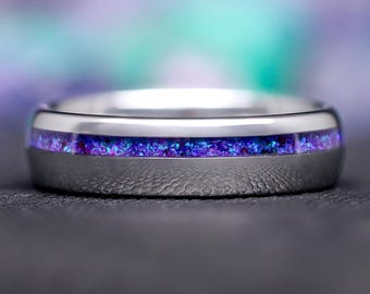 Borealis Opal Wedding Band, Fire Opal Tungsten Ring, Men Women Silver Band, 6mm Unique Promise Ring, Polish Dome, Offset, Northern Lights