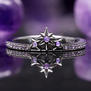 Amethyst Star Stacking Engagement Ring - Women’s Purple Wedding Band, Black Sterling Promise Ring, Space-Inspired Fantasy Jewelry Gift
