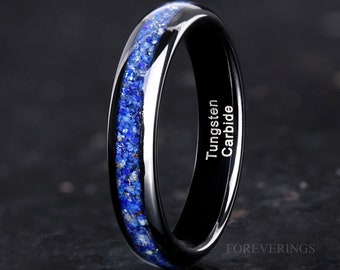 Celestial Blue Lapis Lazuli Ring, 4mm Black Tungsten Ring, Men Women Wedding Band, Polished, Dome, Comfort Fit, Unique Ring