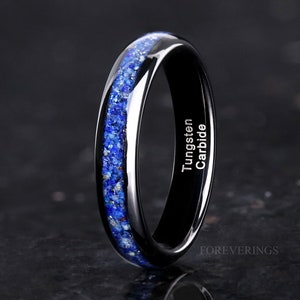 Celestial Blue Lapis Lazuli Ring, 4mm Black Tungsten Ring, Men Women Wedding Band, Polished, Dome, Comfort Fit, Unique Ring