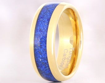 Lapis Lazuli Ring Gold Wedding Band, 8mm Man Tungsten Ring, Blue and Gold Promise Ring, Man Engagement Ring, Unique Band, Ring Engraving