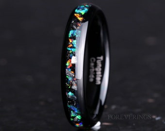 Meteorite and Galaxy Opal Wedding Band, 4mm Black Tungsten Ring, Women Men Ring, Domed, Polished, Comfort Fit, Birthday Anniversary Gift