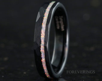 Tungsten Wedding Band, White Opal Ring, Crushed White Fire Opal Band, 4mm Band, Black Ring, Hammered, Flat, Matte Brushed, Comfort Fit