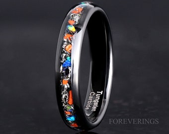 Dinosaur Bone Meteorite Opal Ring, Black Tungsten Ring, 4mm Mens Womens Wedding Band, Galaxy Opal, Unique Dinosaur Bone and Meteorite Ring