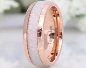 8mm White Fire Opal Ring, Rose Gold Tungsten Ring, Men Wedding Band, Crushed White Opal, Polished, Dome, Comfort Fit, Unique Ring