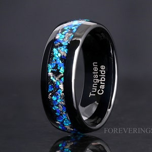 Meteorite and Blue Opal Wedding Band, Galaxy Opal, 8mm Black Tungsten Ring, Dome, Flat, Polished, Comfort Fit, Gift for Him, Unique Ring