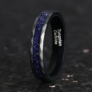 Große Rift Nebula Ring, Schwarzes Wolfram Ehering, Weltraum Ring, 4 mm Ring, Hammer, Flach, Bürste, Comfort Fit, Blauer Sandstein Ring