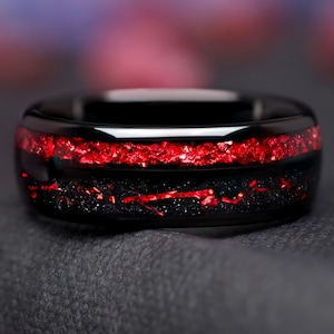 Ruby Red and Black Tungsten Wedding Band, 8mm Mens Ring, Dome Polish, Unique Black & Red Band, Anniversary Gift for Husband, Promise Ring