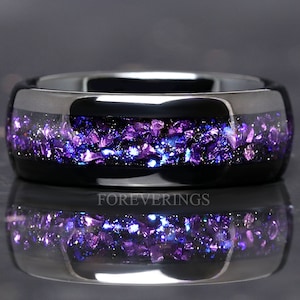 Crab Nebula Ring, Alexandrite Wedding Band, Black Tungsten, 8mm-6mm-4mm Outer Space Ring, Black, Dome, Polish, Unique Purple Ring, Engraving
