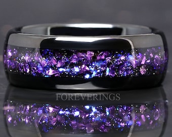 Crab Nebula Ring, Alexandrite Wedding Band, Black Tungsten, 8mm-6mm-4mm Outer Space Ring, Black, Dome, Polish, Unique Purple Ring, Engraving