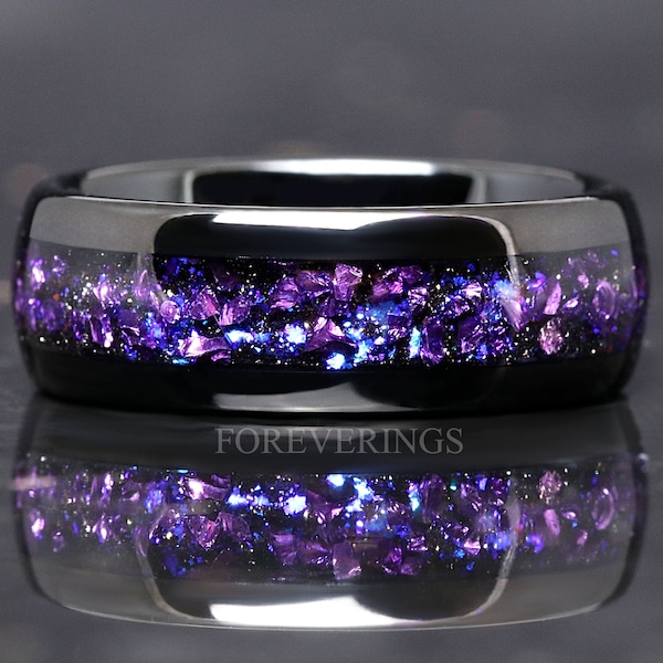 Crab Nebula Ring, Alexandrite Wedding Band, Black Tungsten, 8mm-6mm-4mm Outer Space Ring, Black, Dome, Polish, Unique Purple Ring, Engraving