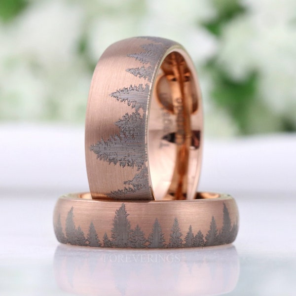 Rose Gold Forest Ring, 8mm 6mm Mens Wedding Band, Matte Rose Gold Tungsten Ring, Unique Nature Pine Tree Landscape, Ring Engraving