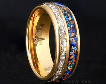 Unique Mens Galaxy Opal Band, Gold Tungsten Ring, Genuine Meteorite, Dome, Polish, Silver Glass Stone, Ring Engraving, Man Wedding Band