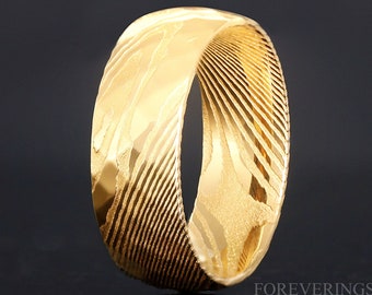 Gold Damascus Steel Band, Hammer Man Wedding Ring, 8mm, Polish, Dome, Unique Ring for Him, Man Engagement Ring, Yellow Gold, Ring Engraving