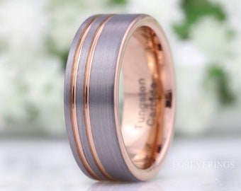 Rose Gold Mens Wedding Band with Offset Groove, 8mm Tungsten Ring, Two Tone Rose Gold and Silver Band, Flat Brushed Ring, Ring Engraving