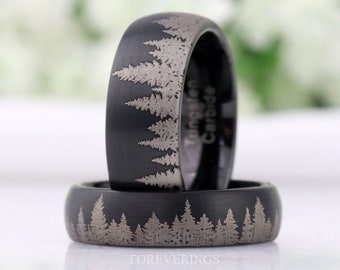 Mens Black Forest Ring, Tree Wedding Band, Matte Black Tungsten Ring, 8mm-6mm Mens Wedding Band, Pine Landscape Ring, Custom Engraved Ring
