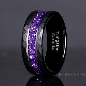 Amethyst Ring for Men – Purple Wedding Band, Black Hammered Tungsten Ring, Durable Comfort Fit Men’s Wedding Band, Unique Anniversary Gift