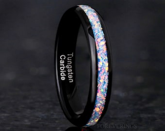 Rainbow Opal Tungsten Wedding Band - 4mm, Polished Dome, Engraved Promise Ring, Fire Opal - Unique Jewelry, Black Tungsten, Man Woman Ring