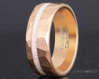 8mm 6mm Hammered Rose Gold Tungsten Ring, Man Wedding Band, Crushed White Fire Opal Band, Facet, Flat, Brushed, Comfort Fit, Ring Engraving