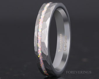 White Fire Opal Ring, Hammered Wedding Band, Silver Tungsten Ring, Brushed, Hammered, Unique Ring, Men Women Ring, Engrave