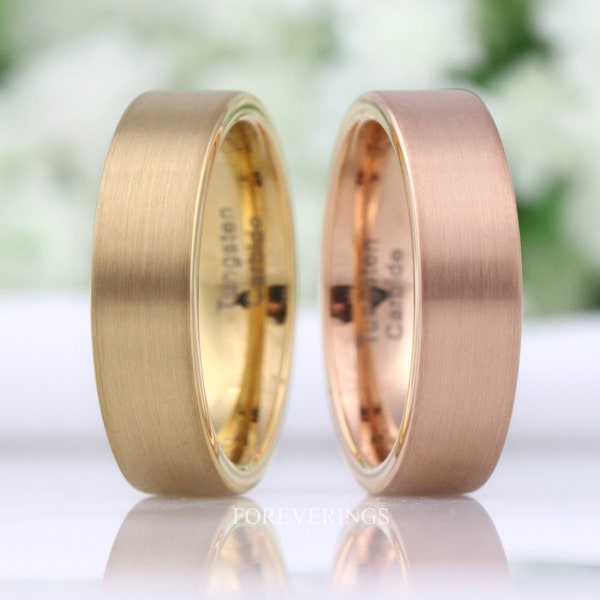 Mens Brushed Gold Ring, 6mm Mens Wedding Band, Rose Gold or Yellow Gold Tungsten Ring, Matte Flat Band, Classic Ring for Him, Ring Engraving