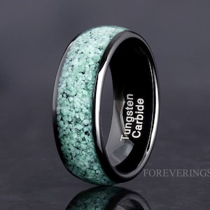 Green Moss Agate Wedding Band, Black Tungsten Ring, 8mm-6mm-4mm Man Woman Ring, Comfort Fit, Dome, Polish, Birthday Anniversary Gift