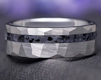 Lava Rock Ring for Men, Volcanic Stone & Silver Tungsten Band, 8mm Hammered Wedding Ring, Matte Flat Promise Ring for Him, Mens Wedding Band