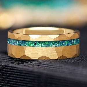 Mens Emerald Ring, Gold Wedding Band, Hammered Gold Tungsten Band, 8mm 6mm 4mm Emerald Coast Ring, Green Fire Opal, Brush Flat, Ring Engrave