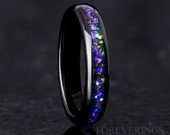 Ghost Nebula Ring, Black 4mm Wedding Band, Sapphire Gemstone, Black Tungsten Ring, Man Woman Band, Green Space Ring, Dome, Polish, Engrave