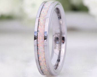 Crushed White Fire Opal Band, Silver Tungsten Wedding Band, No Plating, 4mm Ring, Polished, Flat, Comfort Fit, Unique Ring, Men Women Ring