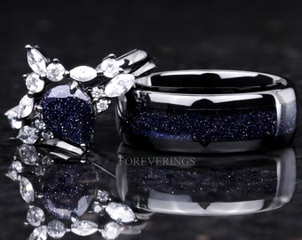 Great Rift Nebula Ring Set, His and Hers Wedding Band, Black Ring, Outer Space Couples Ring, Black Plated Tungsten and 925 Silver