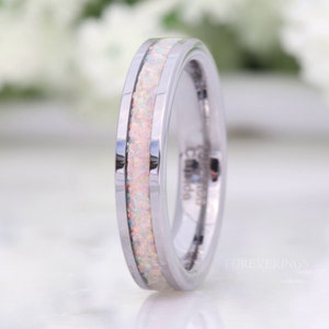 Crushed White Fire Opal Band, Silver Tungsten Wedding Band, No Plating, 4mm Ring, Polished, Flat, Comfort Fit, Unique Ring, Men Women Ring