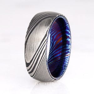 Damascus Steel Band, Man Wedding Ring, Timascus, 8mm Unique Ring for Him, Man Engagement Ring, Birthday-Anniversary Gift for Him, Engrave