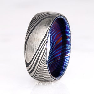 Damascus Ring Man, Timascus Ring, 8mm Mens Wedding Band, Unique Ring for Him, Stainless Steel, Engagement-Birthday-Anniversary Gift for Him