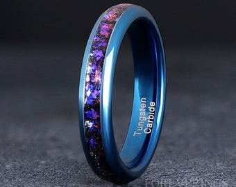Ring Orionnevel blauw, 4 mm wolfraam trouwring, Outer Space-ring, unieke dames-herenring, zwarte nevelband, gepolijste koepel, ringgravure