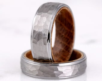 Mens Whiskey Barrel Ring, Silver Tungsten Wedding Band, Wood Ring, 8mm 6mm, Matte Brushed, Hammered, Flat, Comfort Fit, Anniversary Gift