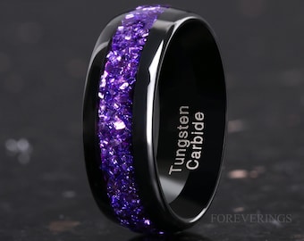 8mm Alexandrite Wedding Band, Color Changing Ring, Black Tungsten Ring, Dome, Polish, Comfort Fit, Birthday Anniversary Gift for Him