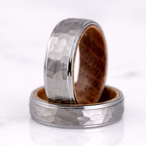 Mens Whiskey Barrel Ring, Silver Tungsten Wedding Band, Wood Ring, 8mm 6mm, Matte Brushed, Hammered, Flat, Comfort Fit, Anniversary Gift